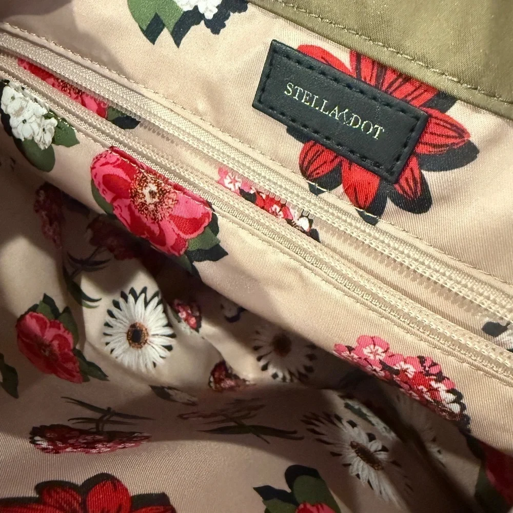 Stella & Dot Camouflage Print and Floral Interior Bag with Red and Green Accents